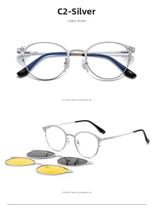Silver round metal frames with star engraving and two clip-on polarized sunglass lenses