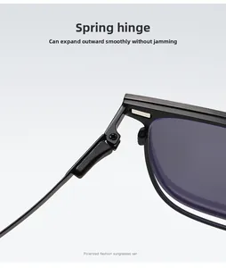 Macro detail of high-quality spring hinge on black polarized square frame sunglasses