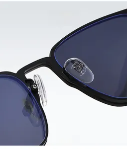 Detail of polarized blue lenses with premium silicone nose pads and metal screw structure