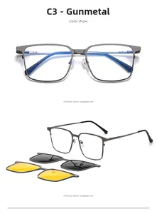 Detail view of gunmetal square frame with magnetic polarized and night vision clip-ons