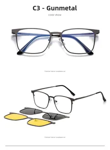 Macro view of gunmetal square magnetic eyewear frame with polarized and night vision clip-ons