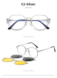 Détails du kit de lunettes de soleil à clip magnétique argenté avec verres noirs et jaunes