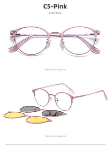 Three-in-one magnetic eyewear set with rose gold metal frame and functional clip-on lenses