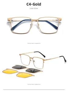 Detail view of gold magnetic clip-on sunglasses set with yellow and grey polarized lenses