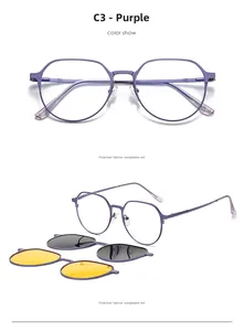 Détail de l'ensemble de lunettes magnétiques mauves avec clips polarisés et de nuit