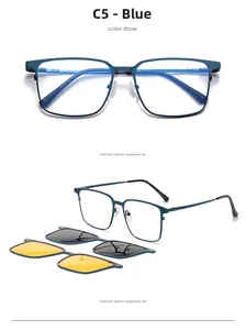 Detail of magnetic clip-on sunglasses set with blue square frame and polarized lenses
