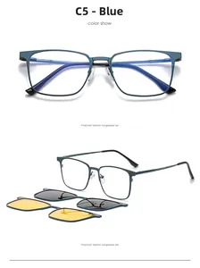 Blue square metal frame magnetic clip-on sunglasses set with polarized and night vision lenses