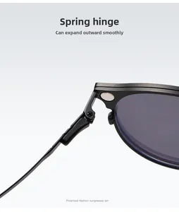 Detail of durable spring hinge on round polarized sunglasses for flexible comfort