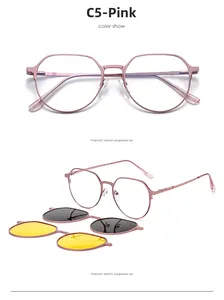 Détail de la monture en métal rose avec verres polarisés magnétiques et clips de nuit