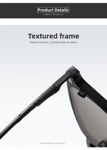 Detail of matte textured frame and metal hinge on black polarized square sunglasses