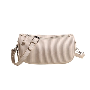 Creamy white cylindrical boston bag with vertical pleated texture and silver hardware