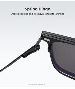 Detail view of the flexible spring hinge on black square polarized sunglasses