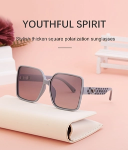 Detailed macro view of square nylon polarized sunglasses with textured metal hinges