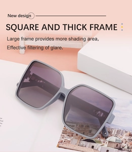 Close-up of matte grey-blue square sunglasses with polarized lenses on a magazine