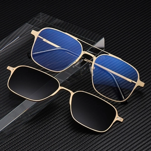 Magnetic clip-on sunglasses set with gold square metal frame and polarized black lenses
