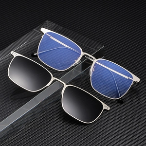 Men's magnetic clip-on sunglasses set with silver metal frame and polarized lenses