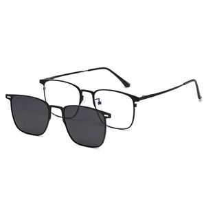 Square magnetic clip-on sunglasses with polarized lenses and a black metal frame
