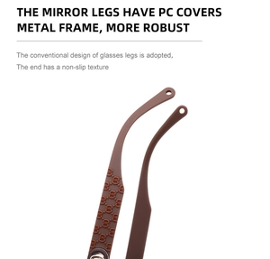 Detailed macro view of metal sunglasses temples with non-slip texture and brown PC covers
