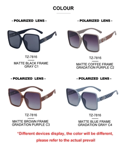 Detailed grid of oversized polarized nylon sunglasses in four matte color finishes