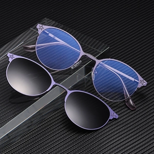 Purple round magnetic clip-on sunglasses with blue light blocking lenses and star detail