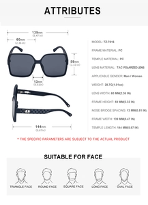 Detailed size chart for square polarized sunglasses with dimensions and face fit guide