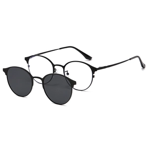 Retro round magnetic clip-on sunglasses with black metal frame and polarized lenses