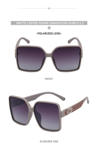 Detail view of matte coffee square frames with purple gradient polarized lenses and gold accents