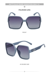 Detail view of matte blue square sunglasses with gray polarized lenses and textured temples