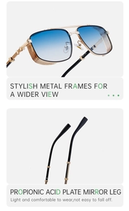 Detail of gold metal hinge and black cellulose acetate temple on punk square sunglasses
