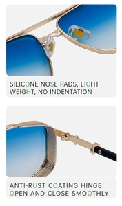 Detail view of silicone nose pads and anti-rust metal hinges on gold punk sunglasses
