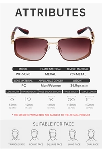 Detailed size chart for punk metal square sunglasses showing dimensions and lens specs