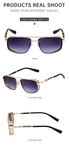 Three views of punk metal square sunglasses with gold frames and purple lenses