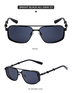 Steampunk sunglasses close-up showing bright black metal frame and industrial gear details