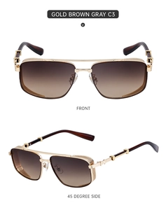 Front and side view of steampunk metal sunglasses with brown lenses and side shields