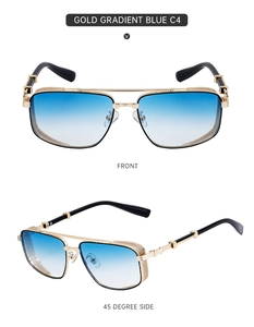 Detail of gold metal frame sunglasses with side mesh engraving and blue gradient lenses