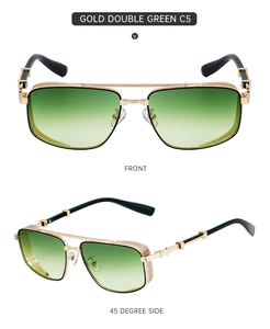 Macro view of gold metal sunglasses with side mesh shields and green gradient lenses