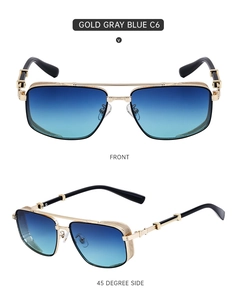 Front and 45-degree side view of gold metal square sunglasses with blue gradient lenses