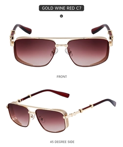 Front and 45-degree side views of gold punk sunglasses with wine red gradient lenses