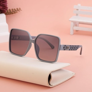 Chic Morandi grey oversized square polarized sunglasses with silver metal temple accents