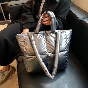 Metallic Quilted Puffer Tote Bag Large Capacity Puffy Nylon Handbag For Women Shoulder Bag Fashion Winter Work