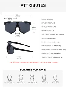Größentabelle für Outdoor-Sportsonnenbrillen mit Rahmenmaßen und Materialangaben aus PC