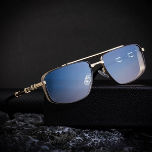 Retro punk small square metal sunglasses for men with gold frame and blue lenses