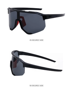Detailansicht der 45- und 90-Grad-Seitenwinkel der schwarzen Sportsonnenbrille mit roten Pads