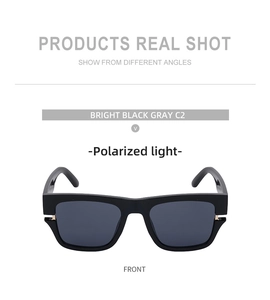 Détail des lunettes de soleil polarisées avec monture noire brillante et verres gris