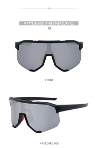 Front- und 45-Grad-Seitenansicht der mattschwarzen Sport-Sonnenbrille mit silbernen Gläsern