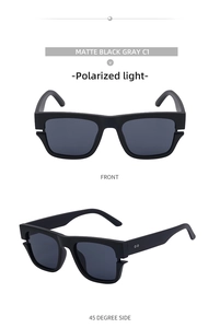 Détail de lunettes de soleil polarisées noir mat montrant les angles avant et latéraux