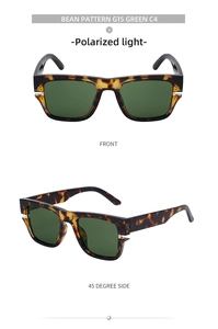 Détails de lunettes de soleil carrées polarisées en écaille avec des accents métalliques