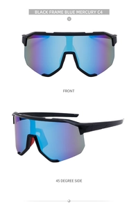 Vorder- und Seitenansicht einer schwarzen Sportsonnenbrille mit blau verspiegelten Gläsern