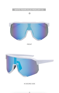 Front- und Seitenansicht der weißen Sport-Sonnenbrille mit blau verspiegelten Gläsern