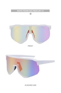 Front- und 45-Grad-Seitenansicht der weißen Sportsonnenbrille mit roter Verspiegelung